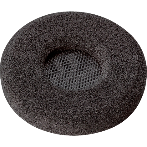 Dark gray headphone earcup. Round shape, a mesh inside. Rough, porous surface.