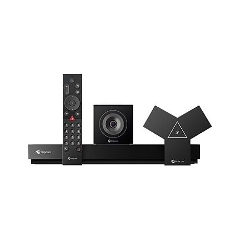 Schwarzes Polycom Videokonferenzsystem bestehend aus Kamera, Fernbedienung, Basisstation und Mikrofon vor weißem Hintergrund.