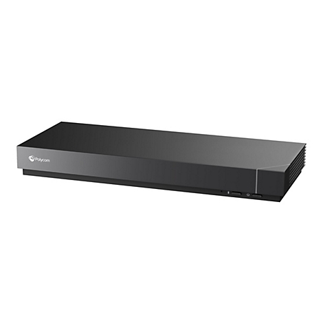 Schwarzes Videokonferenzgerät mit Polycom-Logo, Knöpfen und Anschlüssen.