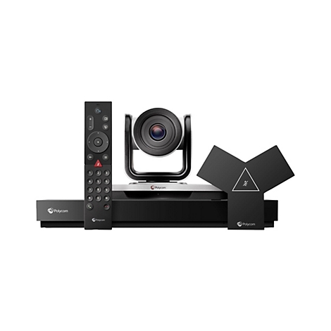 Videokonferenzsystem mit Kamera, Fernbedienung und Mikrofon-Array auf weißem Hintergrund. Das Polycom-Logo ist sichtbar.