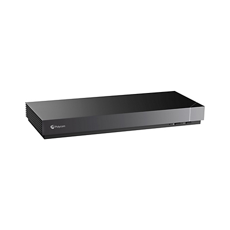 Schwarzes Polycom-Videokonferenzsystem. Auf der Vorderseite das Polycom-Logo. Auf der Oberseite befinden sich einige Tasten.