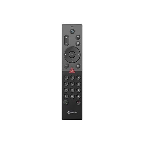 Ein schwarzes Telefon-Steuergerät mit Knöpfen und Tasten, darunter Plus, Minus, Pfeil, Dreieck und Zifferntasten, vor weißem Hintergrund. Das Polycom Logo ist unten.