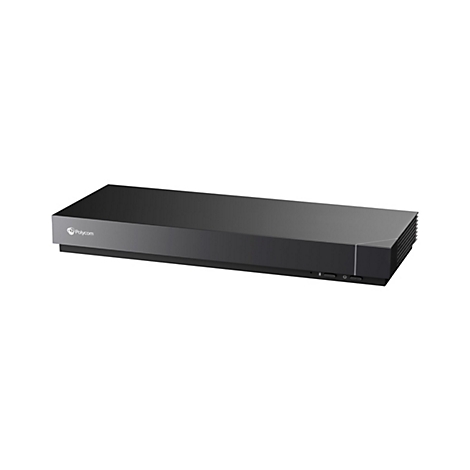 Ein schwarzes Polycom-Gerät mit Bedienknöpfen und dem Polycom-Logo auf weißem Hintergrund.