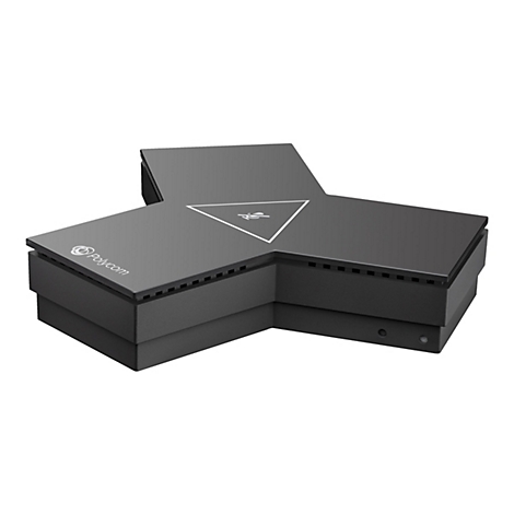 Schwarzes Polycom-Konferenztelefon, sternförmig, mit weißem Symbol und Polycom-Logo.