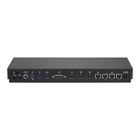 Ein schwarzes elektronisches Gerät mit vielen Anschlüssen: USB-C, HDMI, Ethernet, etc. Auf weißem Hintergrund.