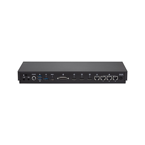 Schwarzes elektronisches Gerät mit Anschlüssen auf weißem Hintergrund. Vorne: Anschlüsse, USB-C, HDMI, Ethernet und Stromanschluss.