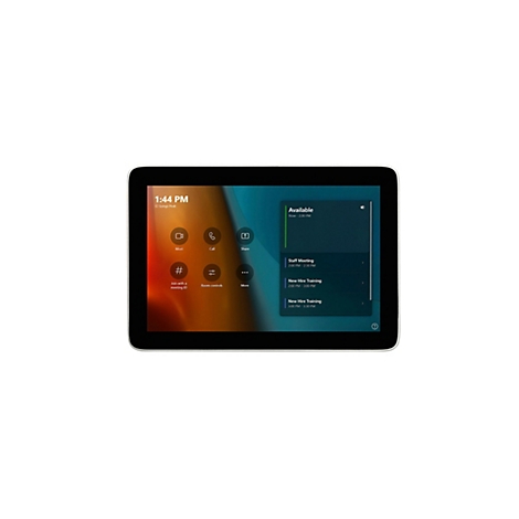 Une tablette rectangulaire avec une bordure blanche affiche une interface avec diverses fonctions. L'écran affiche l'heure, les options disponibles et les réunions programmées.