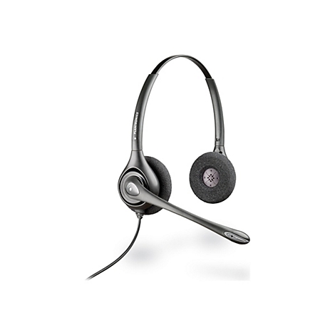 Un casque gris avec un microphone sur fond blanc. Le serre-tête porte l'inscription "Plantronics".