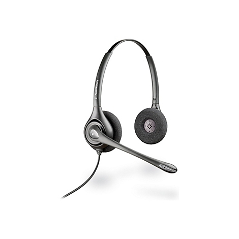 Casque gris avec microphone sur fond blanc. Le bandeau porte l'inscription Plantronics.