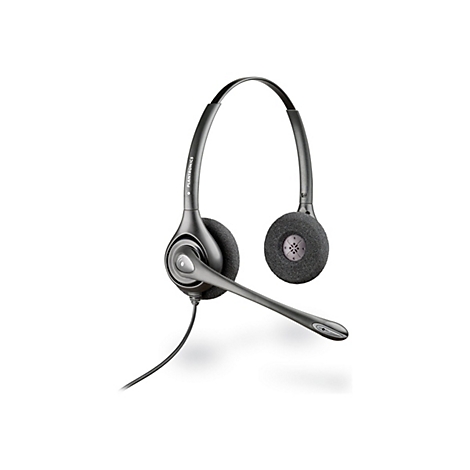 Casque gris avec microphone sur fond blanc. L'inscription Plantronics est visible sur le support.