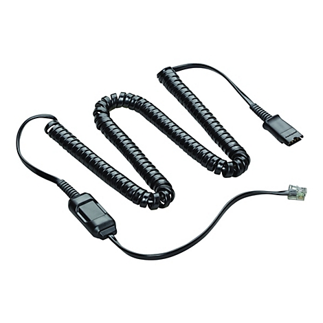 Schwarzes Telefonkabel mit gewundener Spirale und Anschlüssen. Auf weißem Hintergrund isoliert.