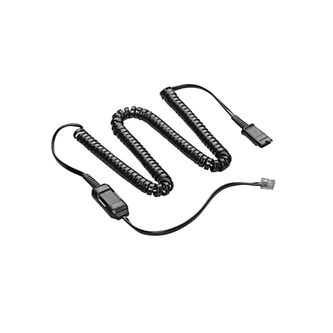 Schwarzes Spiralkabel mit Telefonsteckern. Ein Stecker mit mehreren Kontaktstiften, ein quadratischer Stecker und ein rechteckiger Stecker.