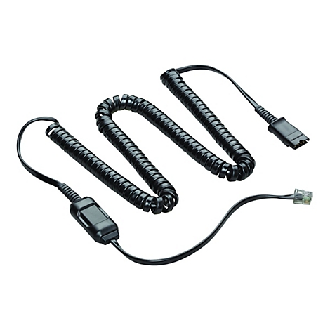 Schwarzes Telefonkabel mit Spirale, Stecker und RJ45-Stecker, vor weißem Hintergrund.