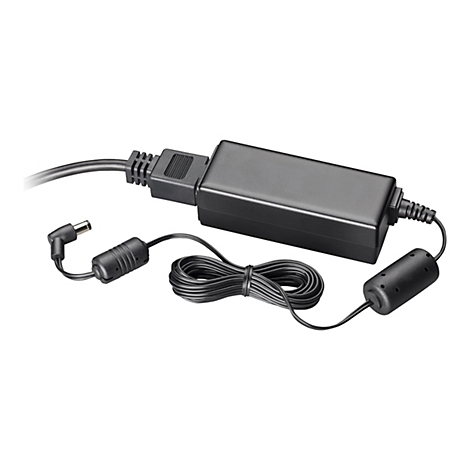 Un adaptateur secteur noir avec câbles et prise sur fond blanc. Le câble est enroulé.