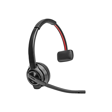 Casque noir avec un accent rouge. Bandeau, écouteur et microphone.