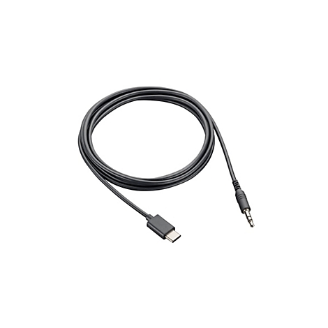 Ein schwarzes USB-C-auf-3,5-mm-Audiokabel liegt auf weißem Hintergrund. Das Kabel ist in einer lockeren Schlaufe gelegt, mit einem USB-C-Anschluss an einem Ende und einem 3,5-mm-Klinkenstecker am anderen.