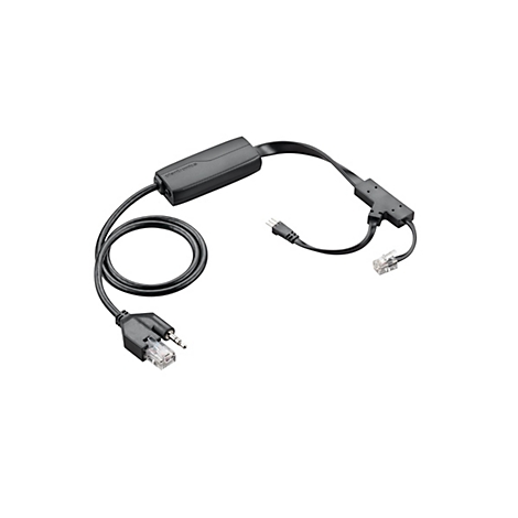 Ein schwarzes Plantronics-Kabel mit verschiedenen Anschlüssen, darunter ein RJ9-Stecker, ein RJ45-Stecker, ein 3,5-mm-Klinkenstecker und eine Steuereinheit.