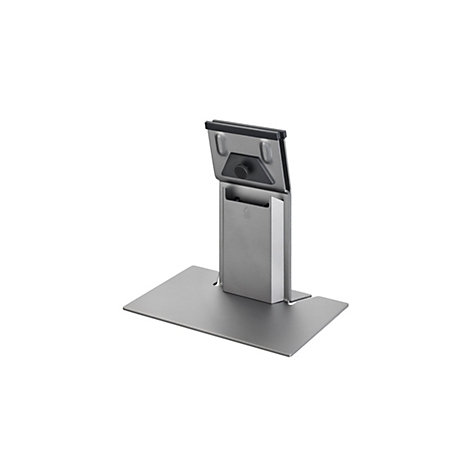 Ein grauer Monitorständer aus Metall, mit einem Standfuß und einer Halterung für den Monitor, vor weißem Hintergrund.