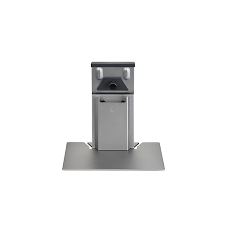 Ein silberner Monitorständer vor weißem Hintergrund. Der Ständer hat eine Basis, einen zentralen Schaft und eine Halterung.