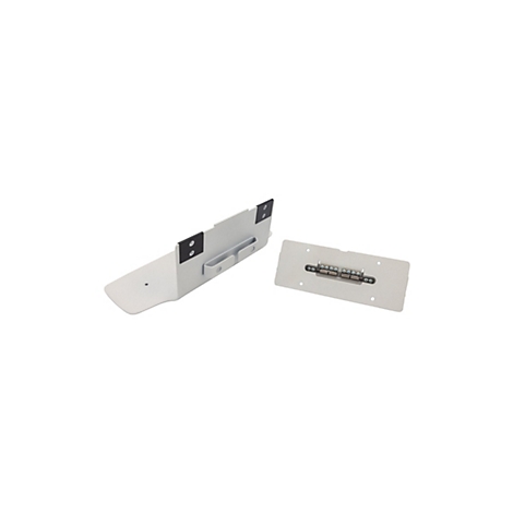 Zwei metallische, grau-silberfarbene Teile, vor weißem Hintergrund. Eines ist kantig, mit zwei schwarzen Rechtecken. Das andere ist rechteckig, mit Steckverbindungen.