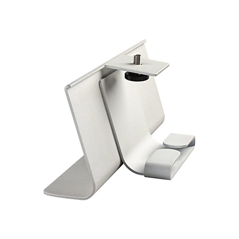 Hellgrauer Kopfhörer-Ständer aus Metall mit Schraube und Drehknopf. Der Ständer hat abgerundete Formen und ist auf weißem Hintergrund zu sehen.