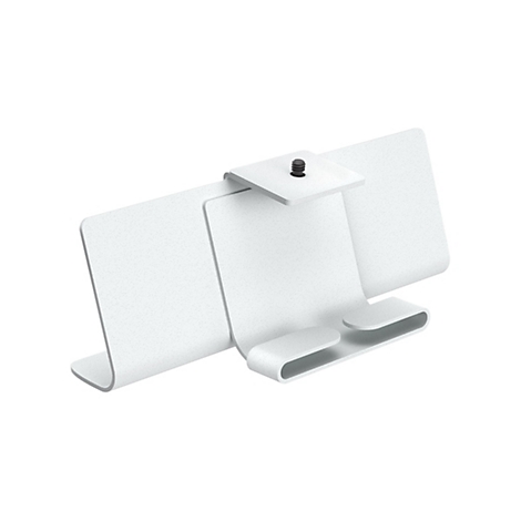 Weißer, gebogener Halter mit schwarzer Schraube, isoliert vor weißem Hintergrund.