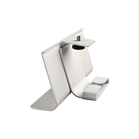 Ein hellgrauer Kopfhörerständer vor weißem Hintergrund. Der Ständer besteht aus gebogenem Metall mit zwei Ablagen und einem Schraubmechanismus.