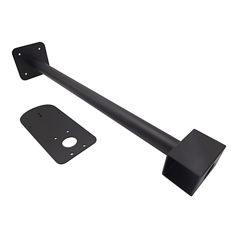 Schwarze Metallkonstruktion mit rechteckiger Grundplatte, langem Stab und einer weiteren Halterung.