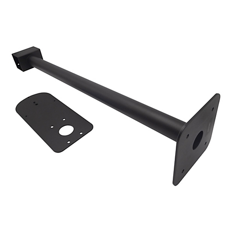 Schwarze Halterung für eine Überwachungskamera, bestehend aus einer langen Stange, einer Montageplatte und einer kleineren Platte mit Löchern.
