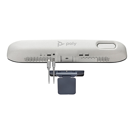 Nahaufnahme der Rückseite einer weißen Videokonferenz-Soundbar mit Logo von Poly und Webcam. Kabel sind angeschlossen.