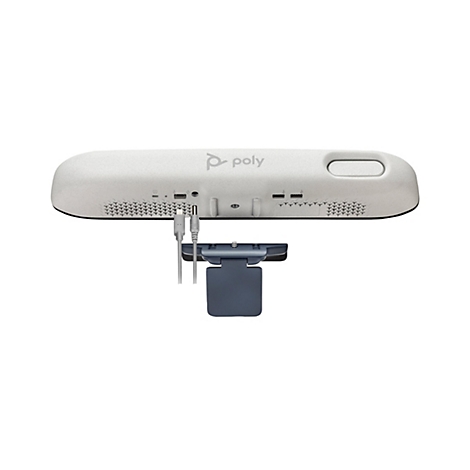 Nahaufnahme einer weißen Videokonferenz-Hardware mit Anschlüssen, Logos und einer abnehmbaren Kamerahalterung.