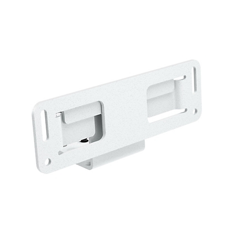 Halterung für ein Wandgerät, weiß, mit Öffnungen und Ecken. Schwarze Schraube sichtbar.