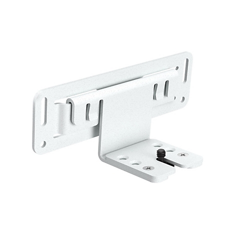 Weißes, metallenes Wandhalterung. Sie hat Löcher und Aussparungen, um montiert zu werden, und einen schwarzen Schraubenanschluss.