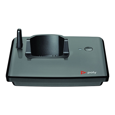 Graue Ladestation für ein Headset mit Antenne und Logo.