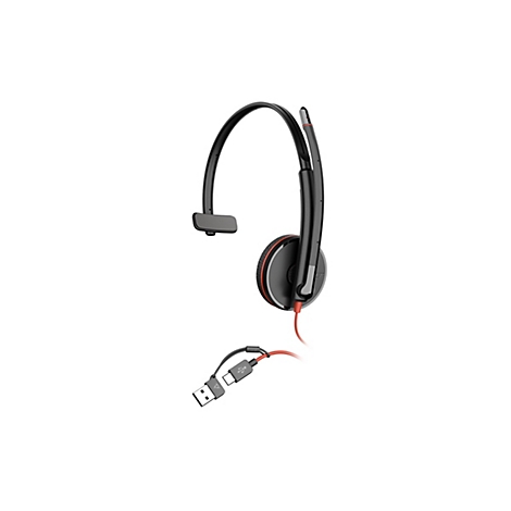 Schwarzes einohrigen Headset mit rotem Kabel und USB-A/C-Anschluss vor weißem Hintergrund.