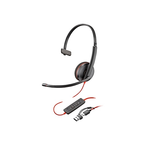 Schwarzes Headset mit roter Akzentuierung. Ein Mikrofonarm erstreckt sich zum Mund, Kabel mit Fernbedienung und USB-Anschlüssen.