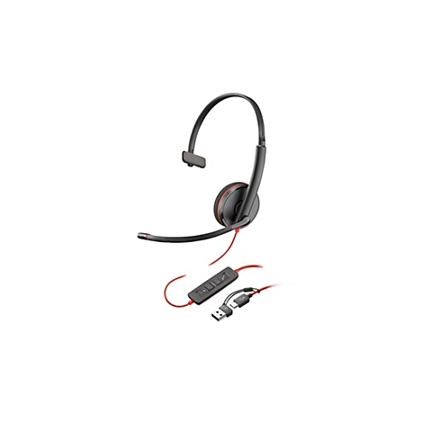 Schwarzes einseitiges Headset mit rotem Kabel und Fernbedienung, USB-A und USB-C Anschluss vor weißem Hintergrund.