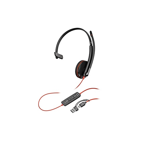 Schwarzes Poly Headset mit einem Ohrhörer, rotem Kabel und integrierter Steuereinheit mit USB-A und USB-C Anschluss.