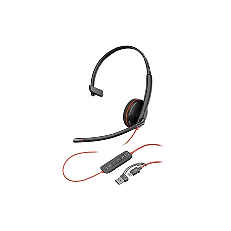 Schwarzes Poly Mono-Headset mit rotem Kabel, Mikrofonarm und USB-A sowie USB-C Anschluss.