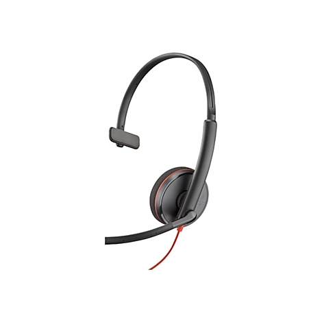 Ein schwarzes Headset mit Ohrmuschel und Mikrofon, rotes Kabel. Auf weißem Hintergrund.