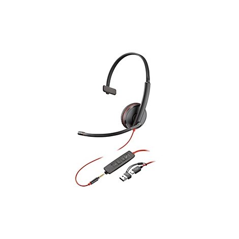 Schwarzes Mono-Headset mit rotem Kabel, Mikrofonarm und kabelgebundener Steuereinheit vor weißem Hintergrund.
