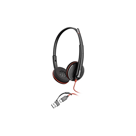 Schwarzes Poly-Headset mit rotem Kabel und USB-A sowie USB-C Anschluss vor weißem Hintergrund.