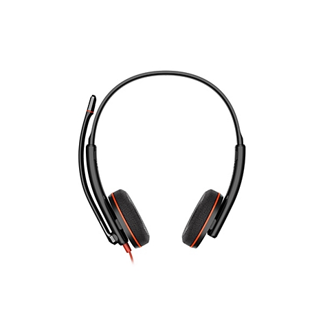 Schwarzes Headset mit Ohrmuscheln aus Schaumstoff und roten Akzenten vor weißem Hintergrund.