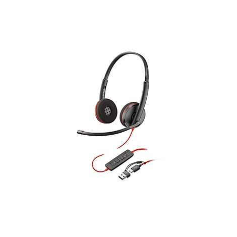 Schwarzes Plantronics-Headset mit rotem Akzent, Mikrofonarm und Kabelfernbedienung auf weißem Hintergrund.