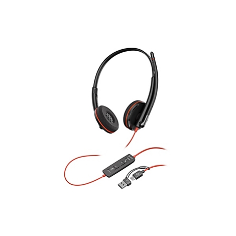 Schwarzes Poly Headset mit rotem Kabel und integrierter Steuerungseinheit sowie USB-A und USB-C Anschluss.