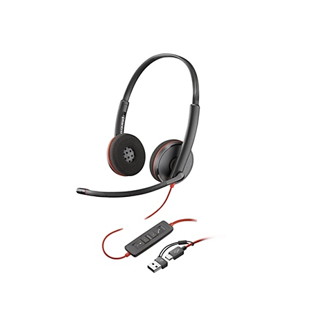 Schwarzes Plantronics Headset mit beidseitigen Ohrmuscheln, Mikrofonarm, Kabelfernbedienung und USB-Anschluss.