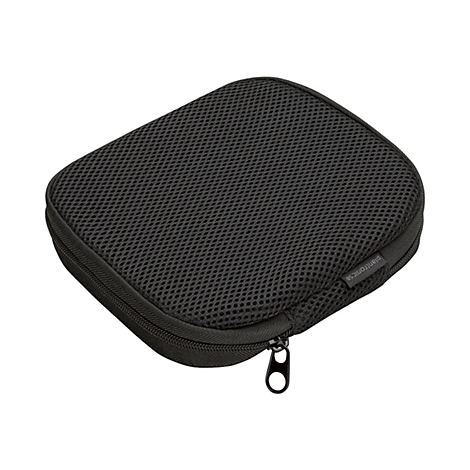 Schwarzes Etui aus Mesh-Gewebe mit Reißverschluss und Logo. Klein und rechteckig.