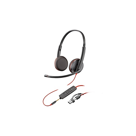Schwarzes Plantronics Headset mit rotem Kabel und Kabelfernbedienung auf weißem Hintergrund.