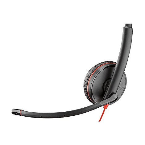 Schwarzes Headset mit rotem Akzent. Mikrofonarm, Ohrhörer und Kabel.