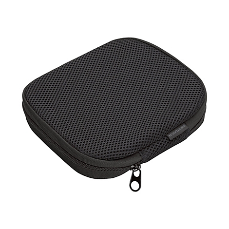 Schwarzes, rechteckiges Etui mit Reißverschluss, Netzgewebe und Plantronics®-Logo.